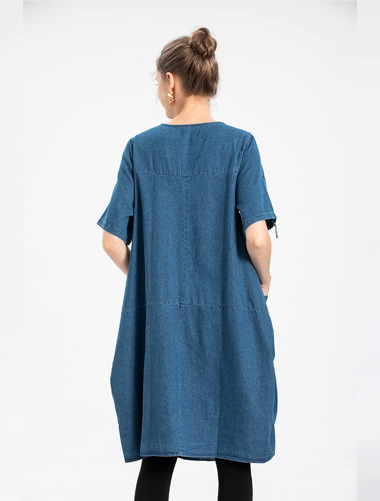 LaovanIn Women's Plus Size Tunic Dress Summer Cotton Linen T Shirt Knee-Length Dresses Denim Blue Medium - Image 3